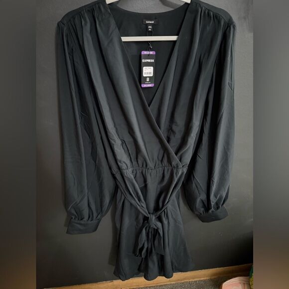 Express Women Size XXL Black Puff Sleeve V-Neck Long Sleeve Mini Wrap Dress NEW - Picture 4 of 7